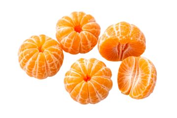 Five peeled tangerines arranged on a flat surface, perfect for healthy eating and vitamin C promotion, showcasing fresh citrus segments ready for consumption and use in recipes.