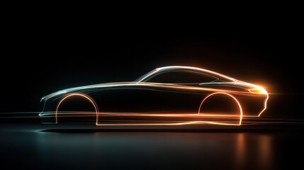 A sleek, futuristic sports car with glowing neon lights on a dark background, casting a shadow on the ground.