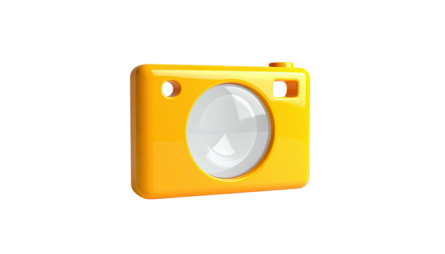 A bright yellow cartoon camera isolated on a black background, 3D-rendered