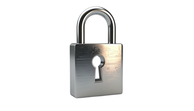 Shiny, metal padlock with a raised loop, isolated against a stark black backdrop