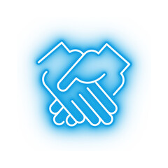 Neon handshake icon representing partnership and agreement.