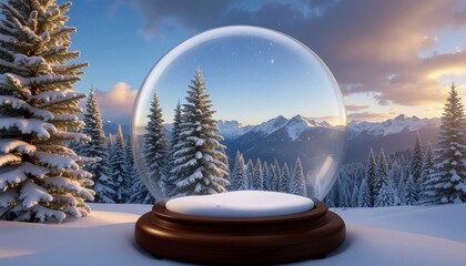 Naklejka premium Winter Snow Globe with Snowy Forest Mountains