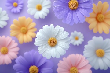 Fototapeta premium Assortment of pastel colored daisy like flowers with yellow centers scattered on a lavender background