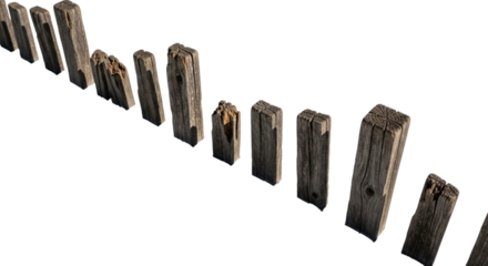 Row of rustic weathered wooden posts, aged and textured, isolated on transparent background