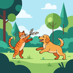 A playful orange tabby cat holds feathers while a golden retriever dog jumps to catch them in a park setting.