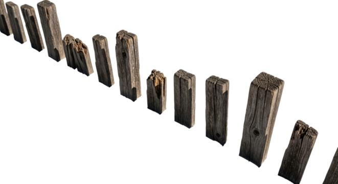 Row of rustic weathered wooden posts, aged and textured, isolated on transparent background