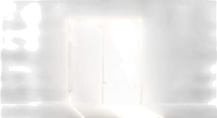 Bright glowing door in a minimalist white room symbolizing hope and new beginnings isolated on transparent background