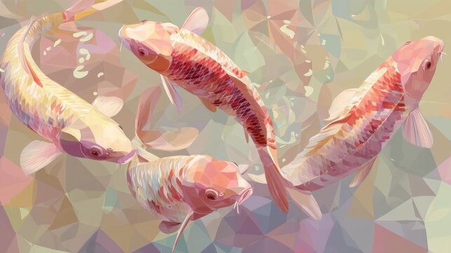 A colorful, abstract illustration of a group of koi fish swimming in a geometric, low-poly style.