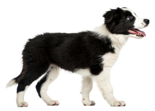 Black and white border collie puppy standing profile with mouth open and tongue out, ready for training or playful activities, perfect for pet websites or animal blogs.