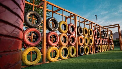 Vibrant Playground Climbing Wall Constructed from Stacked Recycled Painted Tires on Metal Frame in Sunny Outdoor Park on Green Grass