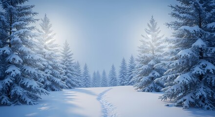 Snow-covered pine trees lining a quiet winter path under a soft blue sky