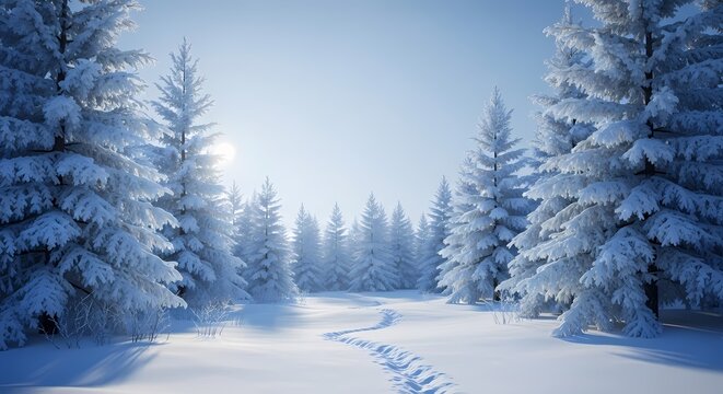 Snow-covered pine trees in a serene winter forest with a sunlit path