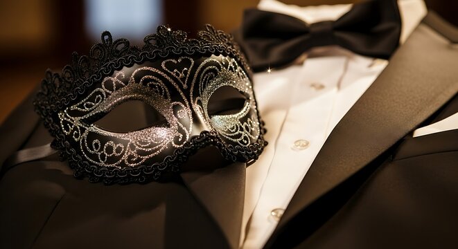Elegant black masquerade mask adorns a tuxedo with a silk bow tie for a mysterious formal event