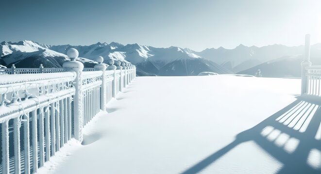 Snow-covered terrace with white railing overlooking mountain range under clear sky