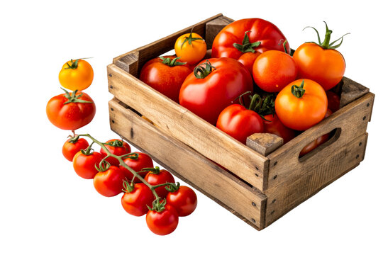 Fresh ripe red and orange tomatoes in a wooden crate and on a vine, perfect for healthy eating and culinary inspiration