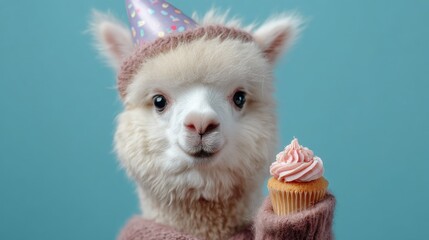 Fototapeta premium A cute alpaca wearing a party hat and holding a pink cupcake with pink frosting, standing against a blue background.