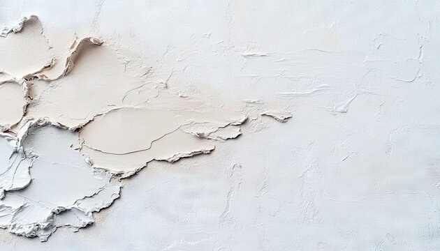 A close-up, abstract view of a textured surface made of plaster or paint. Layered, organic shapes in off-white and beige create depth and shadow, with soft, dif