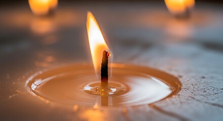 A single vibrant candle flame dances in the warm glow of other flickering lights creating a serene and contemplative atmosphere