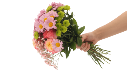 Elegant hand holds springtime bouquet of daisies and roses for special occasion