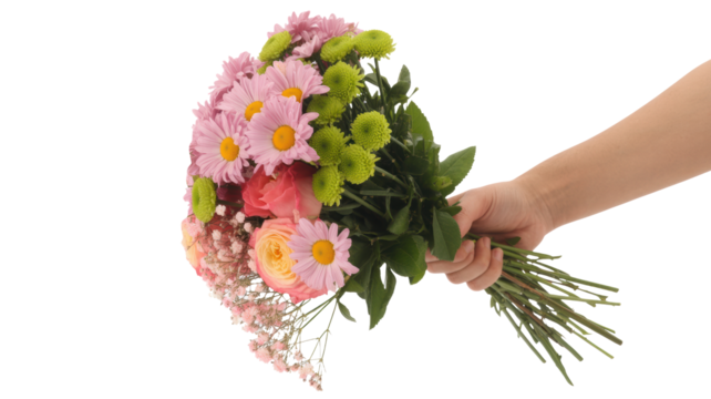 Elegant hand holds springtime bouquet of daisies and roses for special occasion
