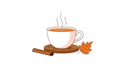 Illustration of a cup of tea with cinnamon and a leaf.