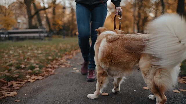 Dog on leash outdoors walking with person in autumnal setting