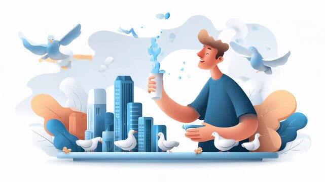 A man interacting with a cityscape, surrounded by pigeons and clouds, creating a lively urban scene.