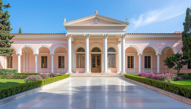 Zappeion Hall in Athens, Greece, featuring its neoclassical architecture, symmetrical design, and manicured gardens under a clear sky.