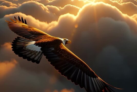 Eagle soars through golden clouds at dawn, showcasing freedom and majestic flight above all