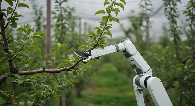 Agricultural robot pruning fruit trees in an orchard, demonstrating modern farming technology and automation.