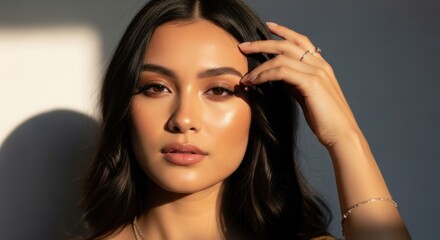 Fototapeta premium Elegant portrait of a young woman with glowing skin and dark hair in