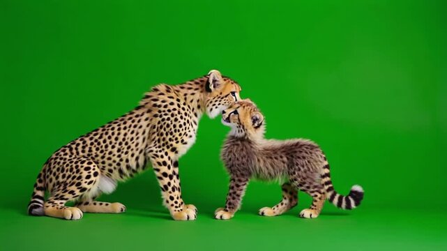 A cheetah mother and cub interacting closely on a vibrant green background in a studio setting cheetah green screen video