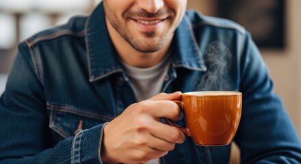 Close-up of a smiling man enjoying a warm coffee in a cozy setting