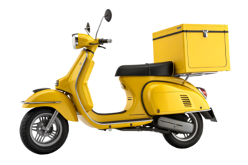 Yellow scooter with a cargo box, perfect for delivery services and urban transport, offering a practical and stylish mobility solution for businesses.