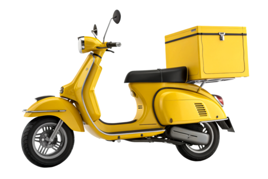 Yellow scooter with a cargo box, perfect for delivery services and urban transport, offering a practical and stylish mobility solution for businesses.