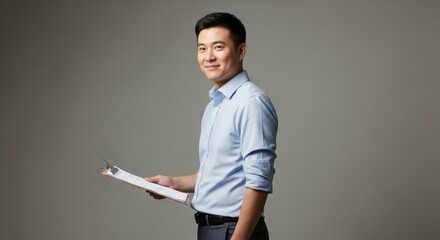 professional asian businessman in light blue shirt holding clipboard and smiling in studio setting