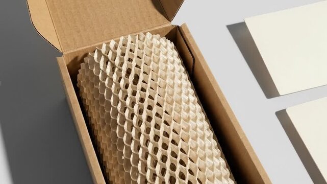 Cardboard box with protective packaging and blank cards on white surface