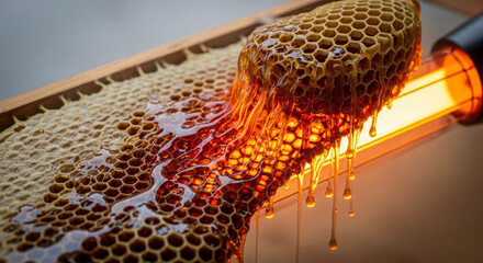 Golden honey dripping from honeycomb during extraction process