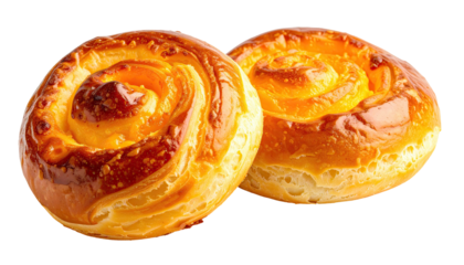 Two swirl pastry rolls, golden brown and yellow filling