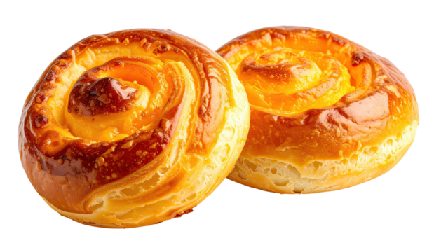 Two swirl pastry rolls, golden brown and yellow filling