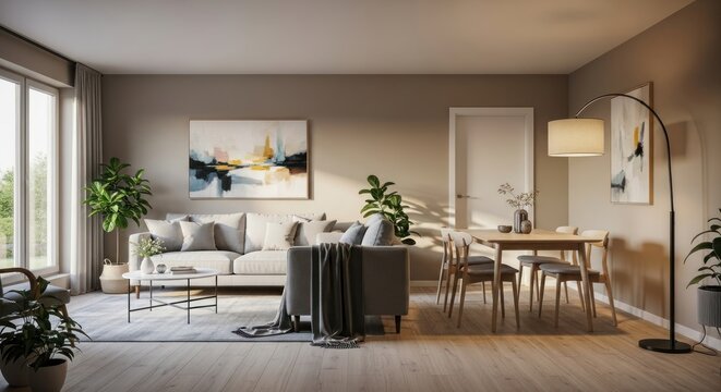 Sunlit contemporary open-plan living space with a cozy sofa, wooden dining set, and large abstract artwork.