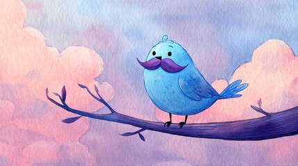 Fototapeta premium A whimsical illustration of a blue bird with a mustache perched on a branch with a pink and purple sky in the background.