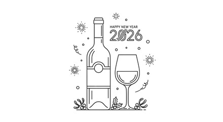 Elegant line art of wine bottle and glass with floral accents