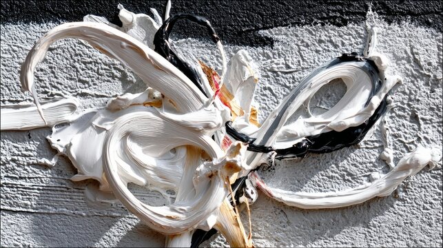 Close-up of a textured surface with thick, impasto paint applied in dynamic swirls and strokes. The abstract artwork features white, black, and hints of red and