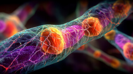 A vivid cellular structure illustrating internal biological organization, interconnected compartments and dynamic scientific complexity.
