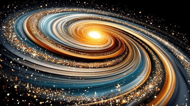 A vibrant, swirling galaxy with a bright, glowing center and trails of sparkling star dust against a dark, starry background. The cosmic scene features bands of