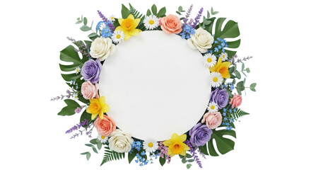 Colorful spring floral wreath frame with white copy space isolated on white background