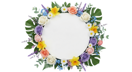 Colorful spring floral wreath frame with white copy space isolated on white background