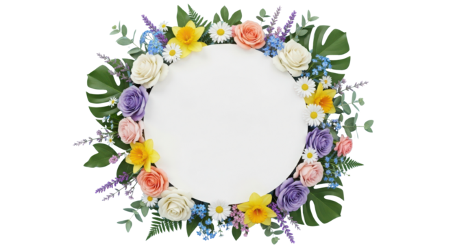 Colorful spring floral wreath frame with white copy space isolated on white background