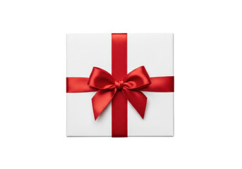 White gift box with red ribbon bow isolated on transparent background